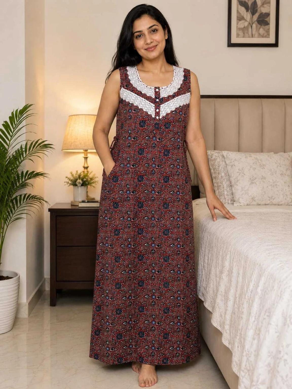 Pure Cotton Women`s Ajrakh Printed Nighty