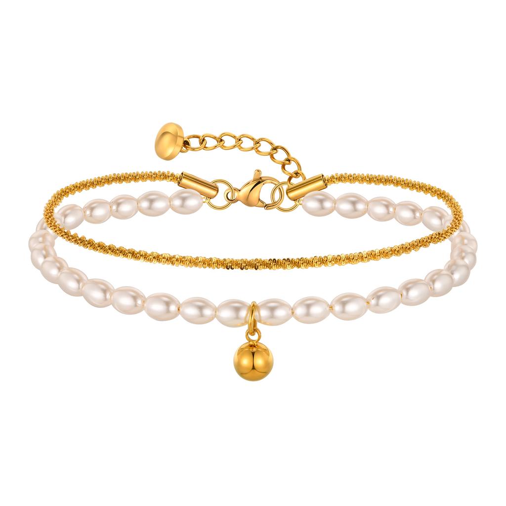 Double Layer Stacked Bracelet Stainless Steel Gypsophila Chain Imitation Pearl Ball Bracelets For Women Gold Color Jewelry