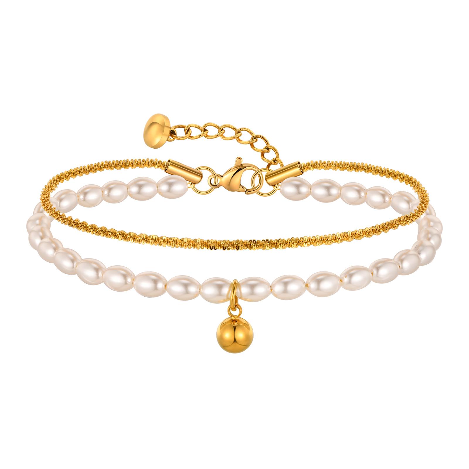 

Double Layer Stacked Bracelet Stainless Steel Gypsophila Chain Imitation Pearl Ball Bracelets For Women Gold Color Jewelry 18-21cm