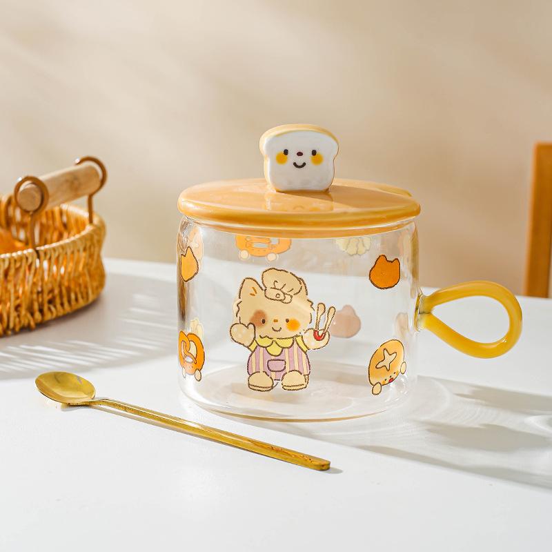 

Creative High Borosilicate Glass Cup Heat Resistant Mug Couple Cup Cute Coffee Cup Large Capacity Breakfast Cup with Lid Spoon 401-500ml