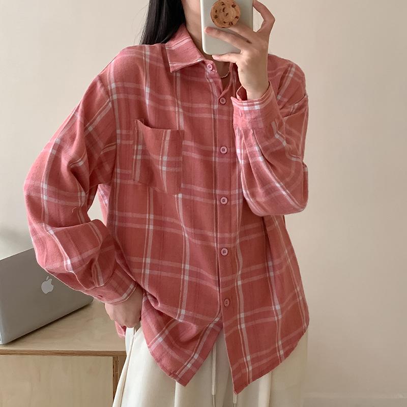 Retro Plaid Shirt Plain Tops Spring Autumn Lapel Long Sleeve Shirts Women Chic Loose Blouse Asian Size