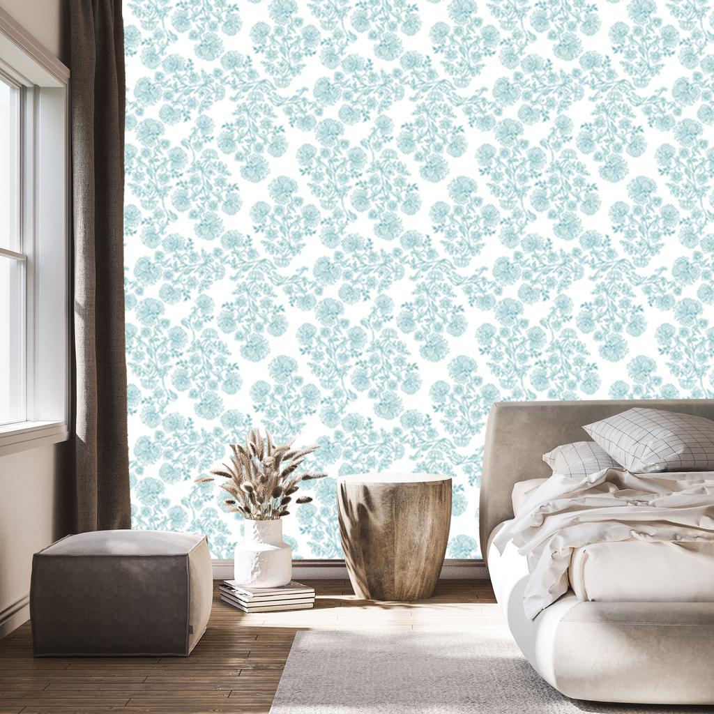 Wallpaper Flowers white, celadon and light gray for the living room and bedroom 50x1000