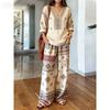 Bohemian Print Cotton and Linen Shirt Long-sleeved Wide-leg Pants Two-piece Set V-neck Vacation Loose Casual Suit Women