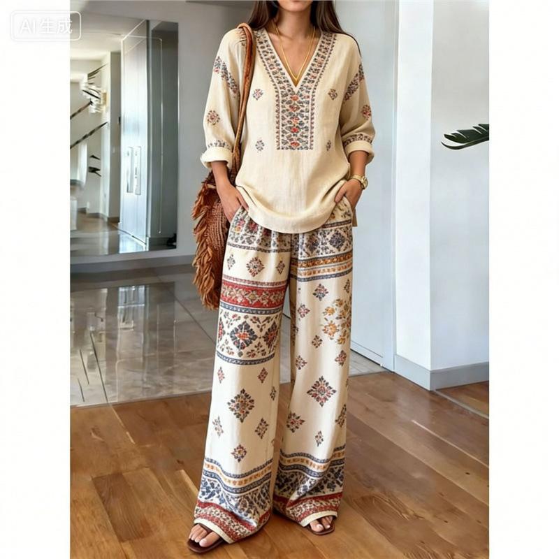 Bohemian Print Cotton and Linen Shirt Long-sleeved Wide-leg Pants Two-piece Set V-neck Vacation Loose Casual Suit Women