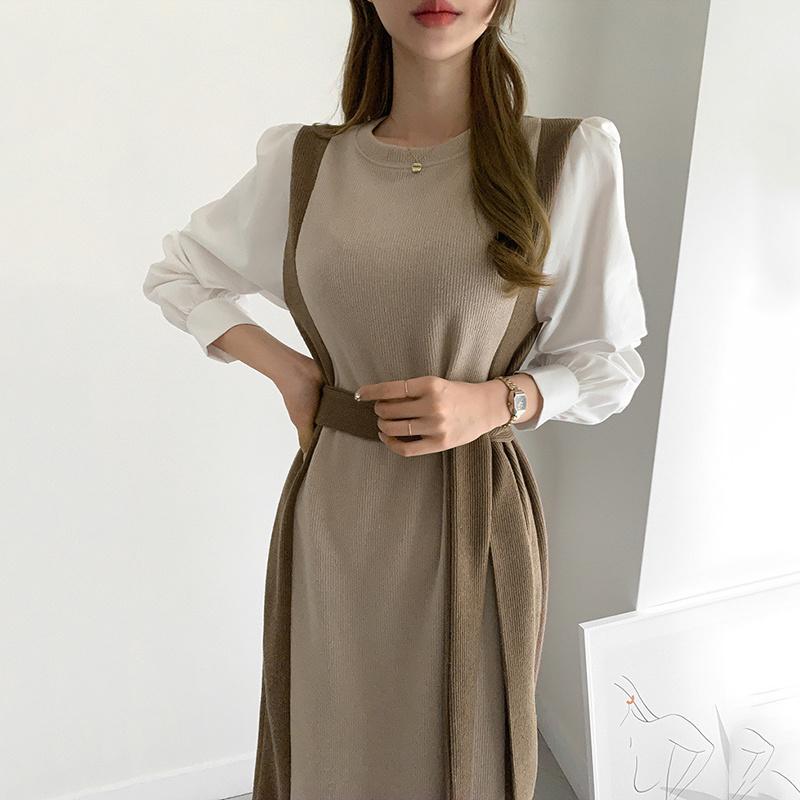 Vintage Frühling Herbst Frauen Lange Kleid Oansatz Volle Hülse Spitze-Up Patchwork Weibliche Pullover Kleid Dünne Gestrickte Vestidos 2021