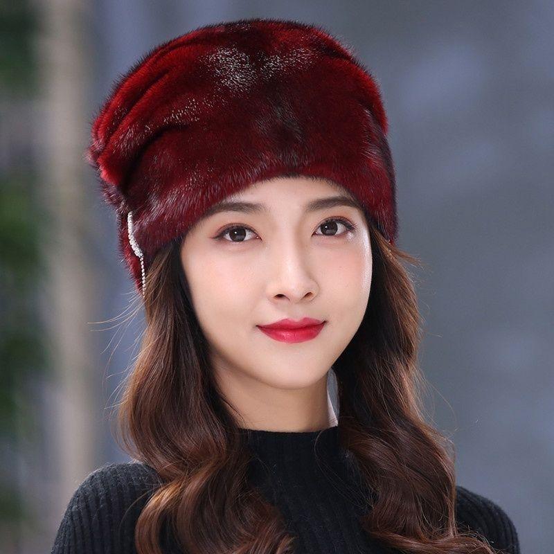 

Норковая шапка женская зимняя для среднего и пожилого возраста из цельного норкового меха с защитой ушей, зимняя модная, норковая теплая меховая шапка для мамы one size бордовый