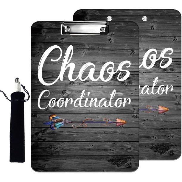 Quote Chaos Coordinator - Plastic A4 Clipboard and Flannel Pen Bag Combination, Low Profile Metal Clip, Decorative, Office, Learning, Cute Clipboard