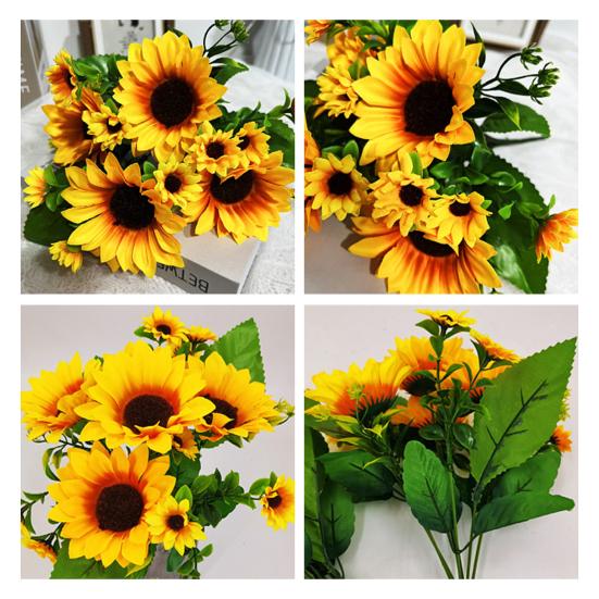 Artificial Sunflower with Green Leaves 7 Fork 13 Head Realistic Fake Silk Flower Home Office Party Indoor Outdoor Faux Bloom Decoration