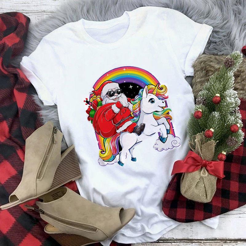 Women's Crew Neck Short Sleeve Graphic Print Christmas T-Shirts Loose Fit Casual Tees