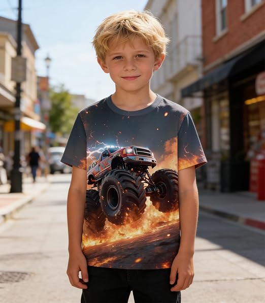 Little Hand Boy T-Shirt 3D Graphic Shirt Monster Truck Print Crewneck Cool Short Sleeve Shirt for 3-10 Years