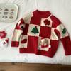 Kids Red Round Neck Knit Sweater with Bear Print for Autumn Winter Christmas