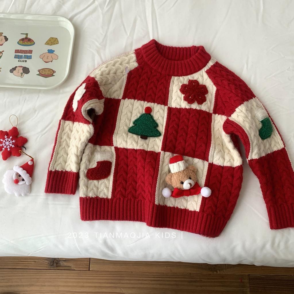 Kids Red Round Neck Knit Sweater with Bear Print for Autumn Winter Christmas