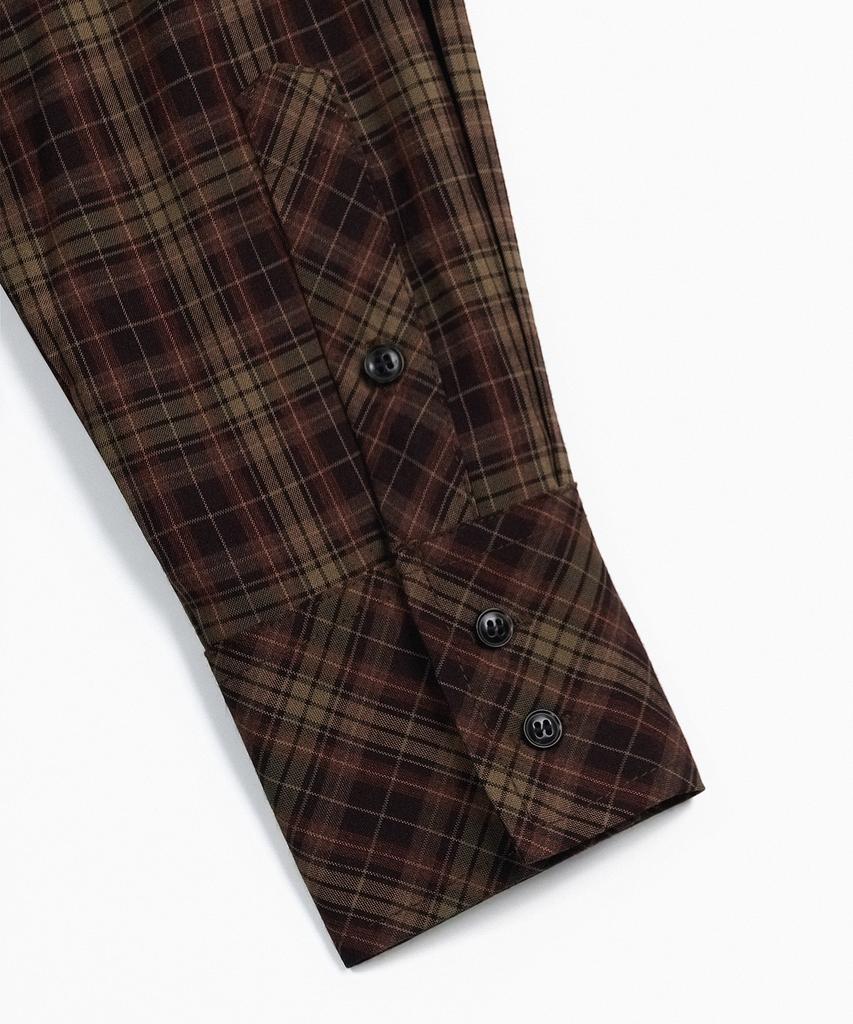 Hauseuobeupondeu Plaid Check Cross Button Shirt_Brown