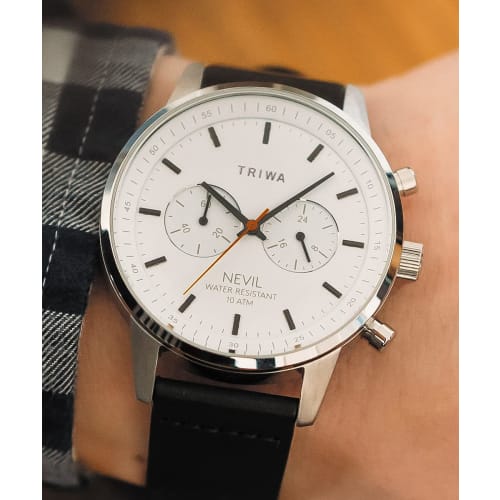 TRIWA Graphic Neville GRAPHIC NEVIL Two-Strap Chronograph Watch for Men and Women (Unisex) with Black Calfskin Canvas Strap, White Dial, Made in Japan