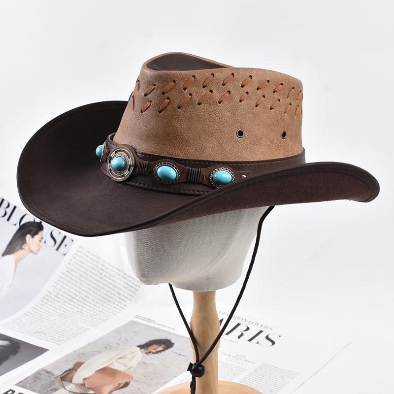 Unisex 100% Leather Western Cowboy Hat Vintage Gentleman Jazz Hats For Men Panama Cowgirl Hat