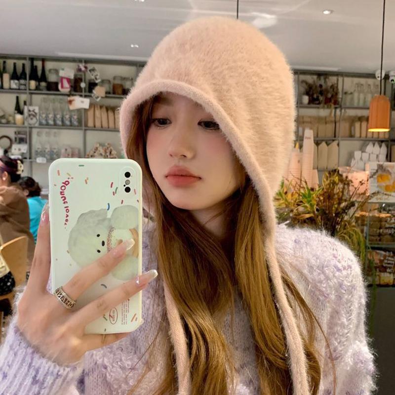 Imitation Mink Fur Lace-up Pullover Cap Women Plush Fisherman Hat Winter Warm Ear Protection Headgear Bonnet Solid Velvet Beanie