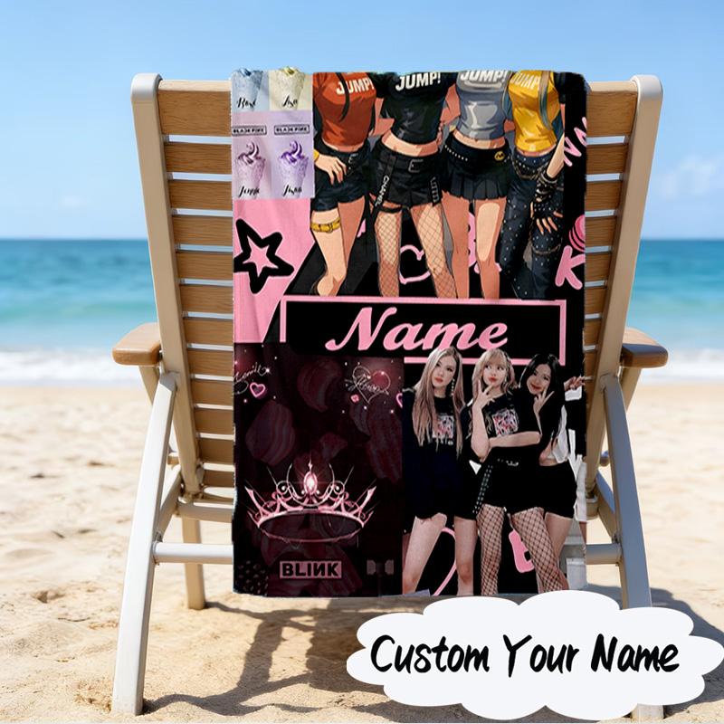 Custom Name Black-pink Signature Microfiber Beach Towel Super Soft & Absorbent for Bath, Beach, Travel Bath Time Accessory, Fan gifts