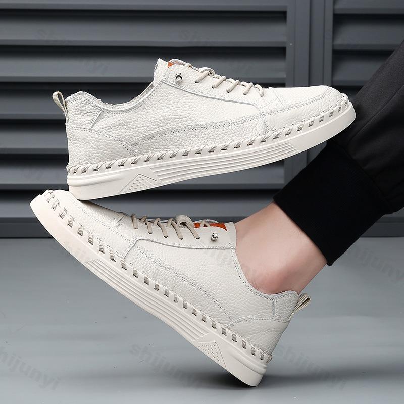 Men Cow Leather Casual Shoes 2025 Spring Autumn Comfortable Fashion Stitch Flat Skateboard Shoes Handmade Vulcanized Shoes