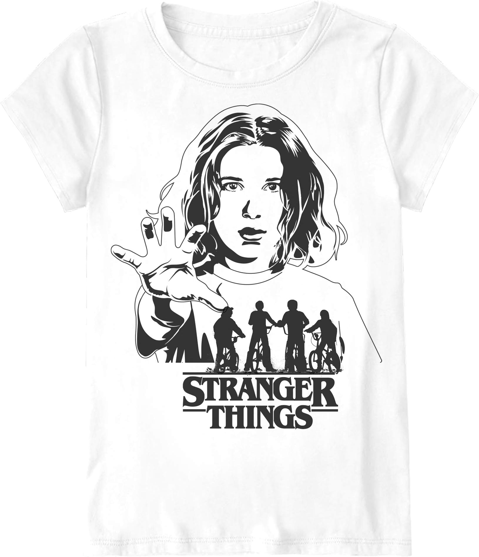 Netflix Girls Stranger Things Logo Shirt - Joyce Byers, Jim Hopper, Mike Wheeler & Eleven Tee Stranger Things T-Shirt (White, X-Small) 2XL