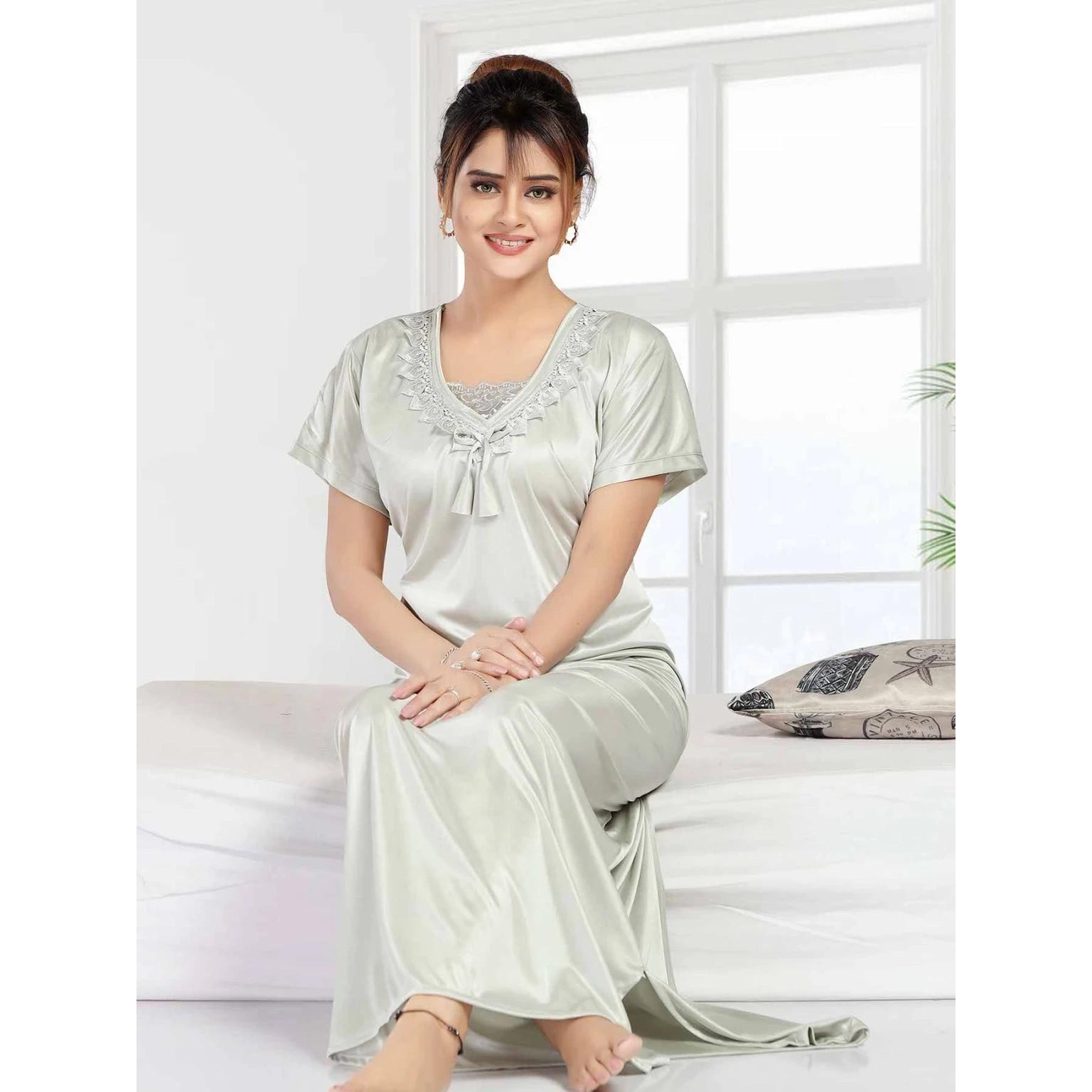 Light Green Women Daily Wear Night Gown Indian Night Wear Fancy lace Work Nighty Free