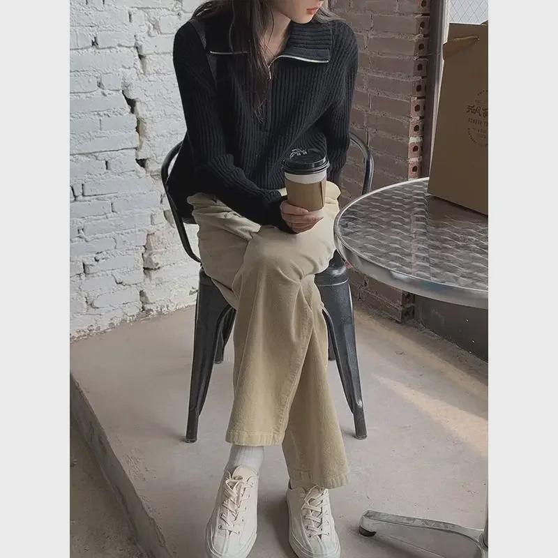 Dámský módní volný pletený svetr na zip - Kolekce podzim/zima 2024.