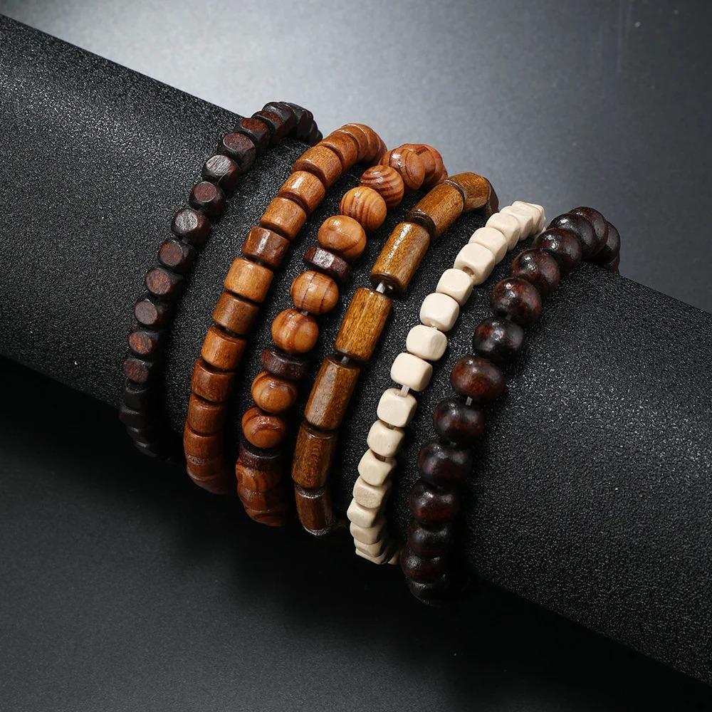 Braided Leather Bracelets for Men Vintage Life Tree Charm Wood Beads Ethnic Tribal Wristband Rope Bracelet Set