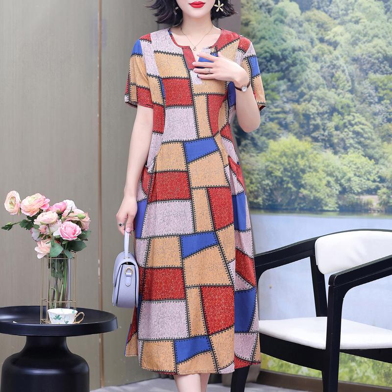 Elegante Damen-Sommerkleider Übergröße Lässig Print Kurzarm Langkleid