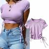 Pure Color Sexy Drawstring Women's Short-sleeved Round Neck Short Slim-fit Hem T-shirt Bottoming Shirt