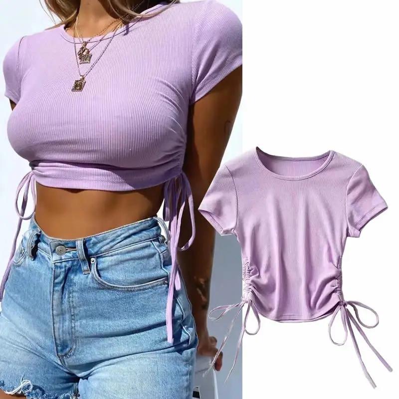 Pure Color Sexy Drawstring Women's Short-sleeved Round Neck Short Slim-fit Hem T-shirt Bottoming Shirt