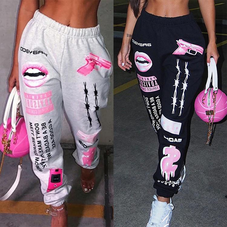 Pantaloni della Tuta Stampati alla Moda da Donna Vita Elastica Casual Larghi Hip Hop Danza Sportivi Alta Elasticità Comfort Pantaloni da Allenamento