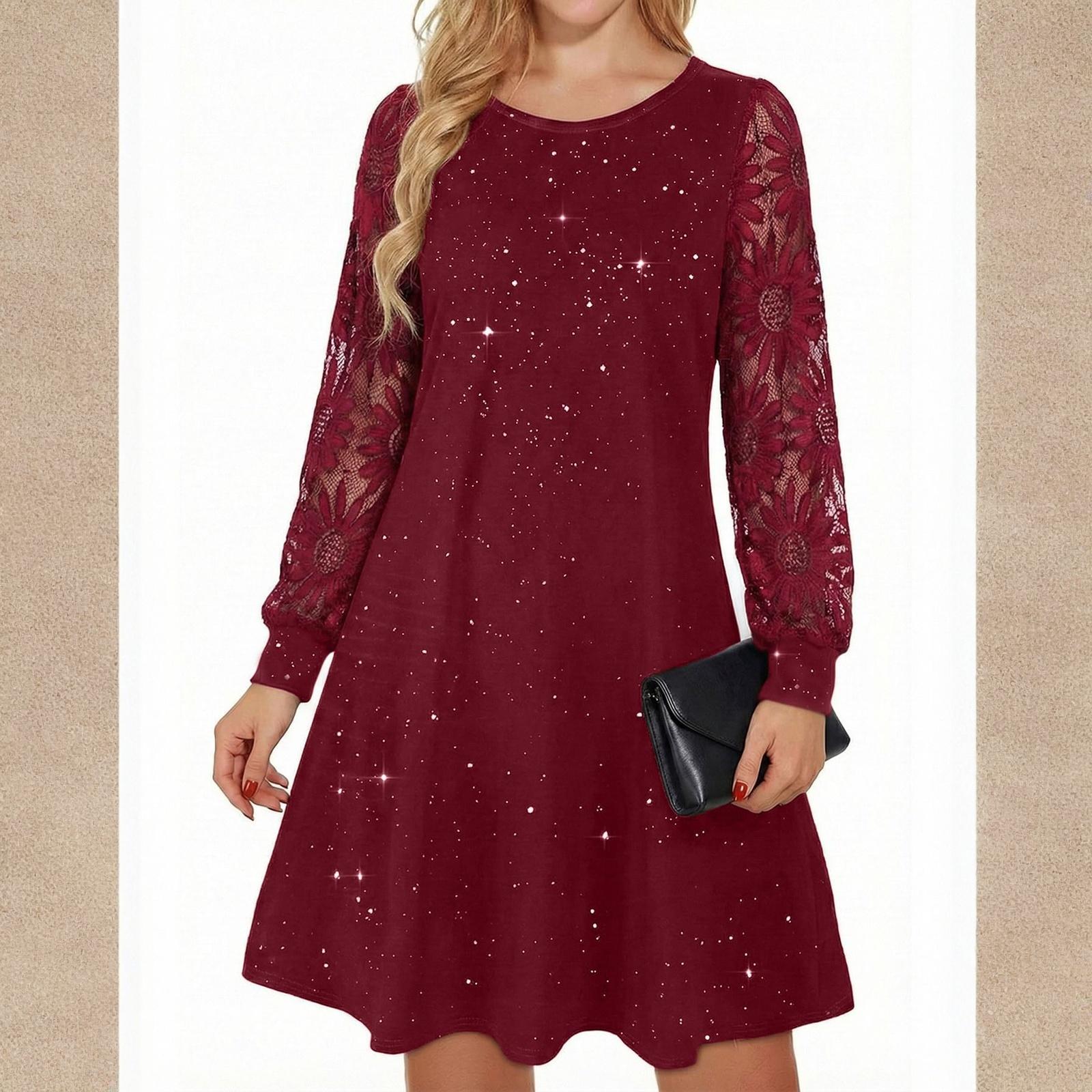 Ladies  Round Neck Lace Patchwork Long Sleeved Slim Fit Dress S