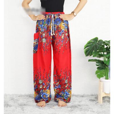 Hippie Chic, Lounge Pants, Flower Print, One Size with Drawstring, Unisex Model. Red.