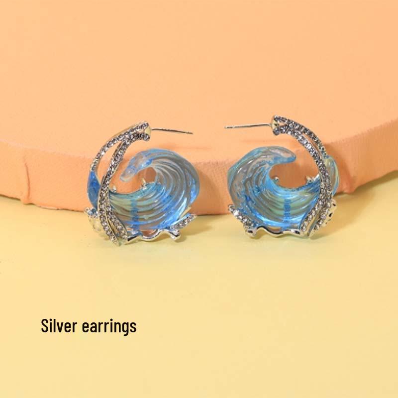 Sky Blue Sea Wave Jewelry Set: Resin Necklace, Earrings & Ring