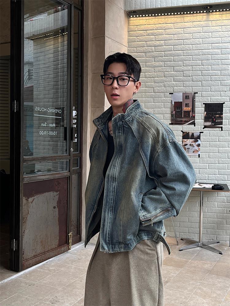 Men's High-End Heavyweight Deconstructed Denim Stand-Up Collar Jacket - Trendy American Retro PUNK Style