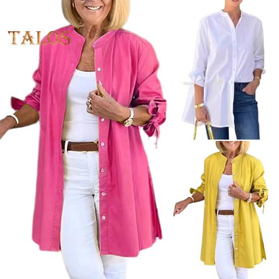 Women Long-Sleeved Shirt Commuter Solid Color Loose Fit Top Round Neck Mid-length Shirt for Work Parties Vacation