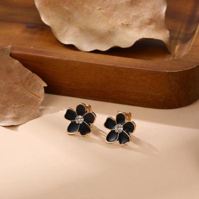 1 Pair Korean Style Black Rose Flower Ear Clips Shining Rhinestones Inlaid Clip Earrings Jewelry Gift