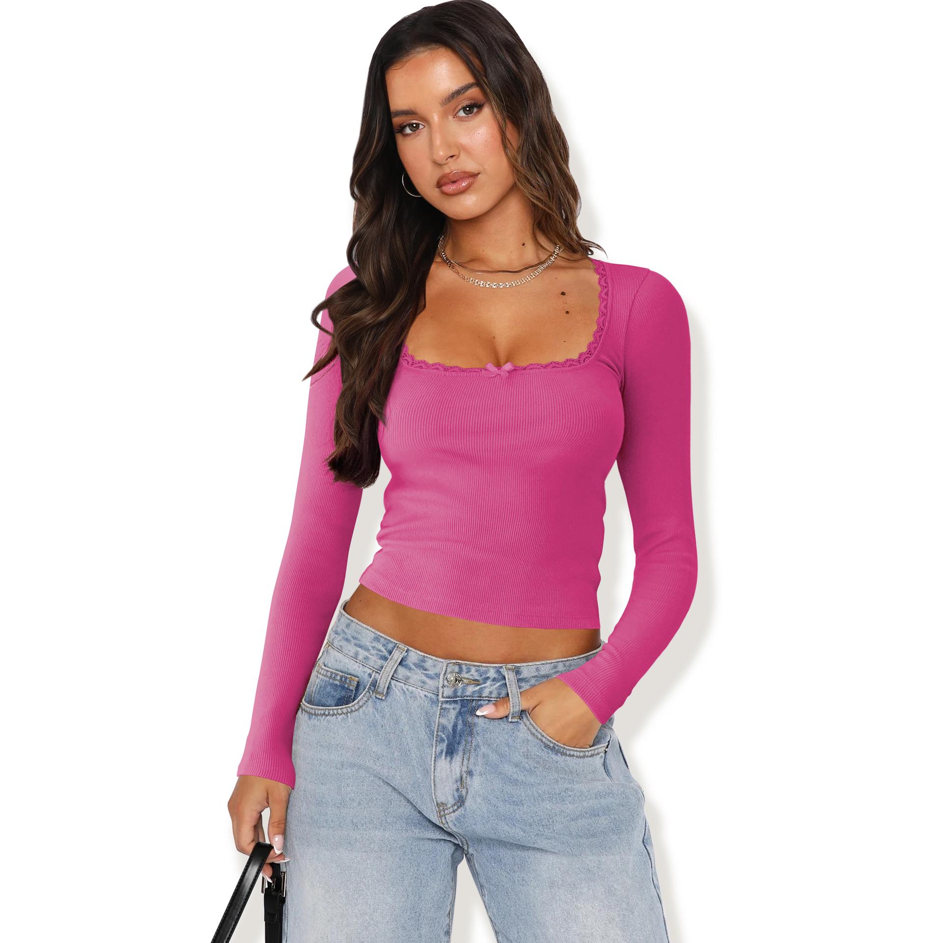 

Женский топ с длинным рукавом и кружевной вставкой, с U-образным вырезом - Модный облегающий и моделирующий фигуру дизайн Large