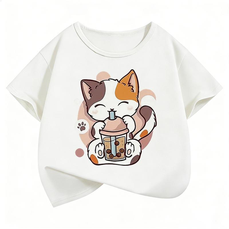 Cat Graphic Kids Tshirts Summer Short Sleeve Tees Cartoon Animal Boys Girls Clothes Kawaii Kitten Tops Y2K Tshirt