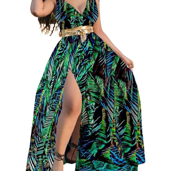 

Женское вечернее платье с V-образным вырезом и принтом, с высоким разрезом, с тонкой талией, на шнуровке, без рукавов, полная длина, трапециевидной формы для выпускного вечера 3XL зелёный