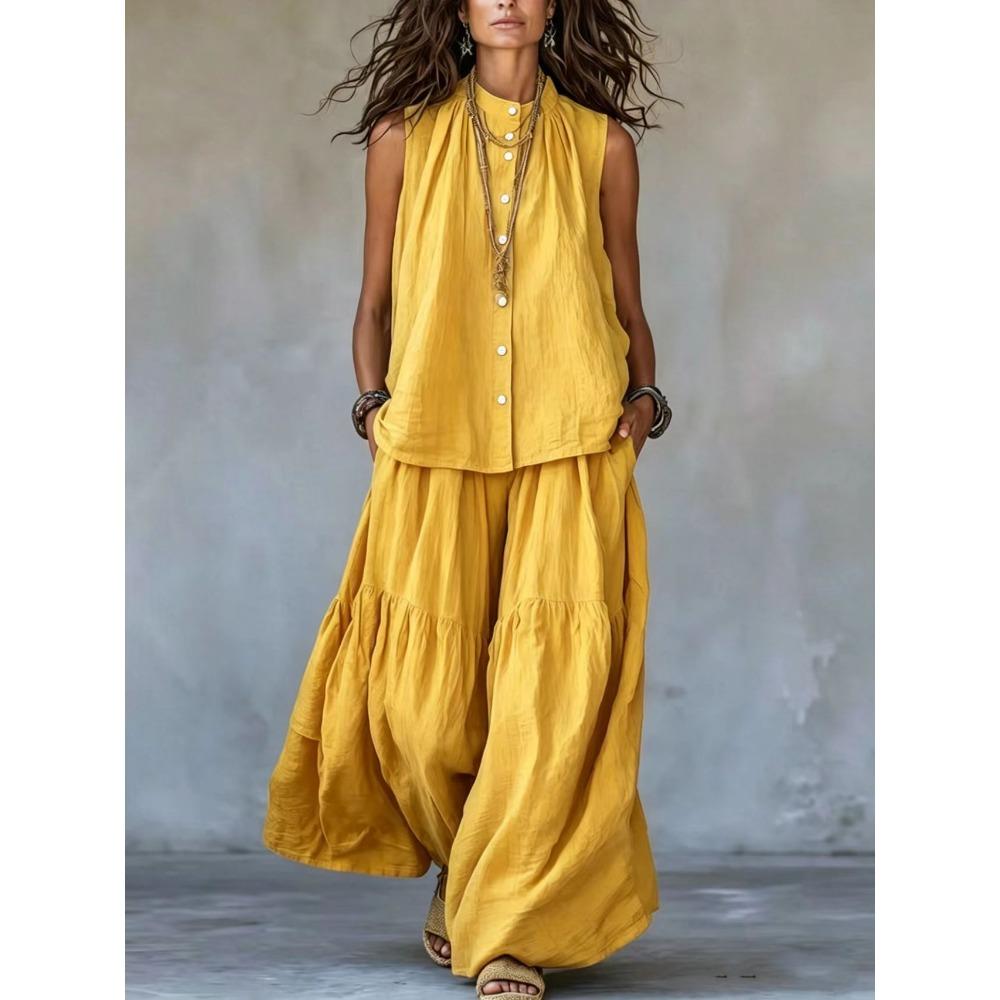 Completo Casual Estivo da Donna a Due Pezzi: Camicetta Senza Maniche con Bottoni e Pantaloni a Gamba Larga