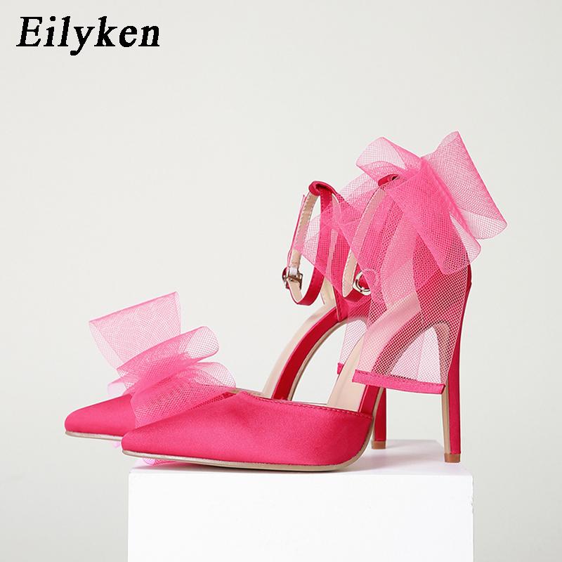 Fashion Eilyken New Style Pointed Toe Sandals Sexy Buckle Strap Cover Heel Women Spring Summer Mesh Butterfly-knot Wedding Pumps Shoes