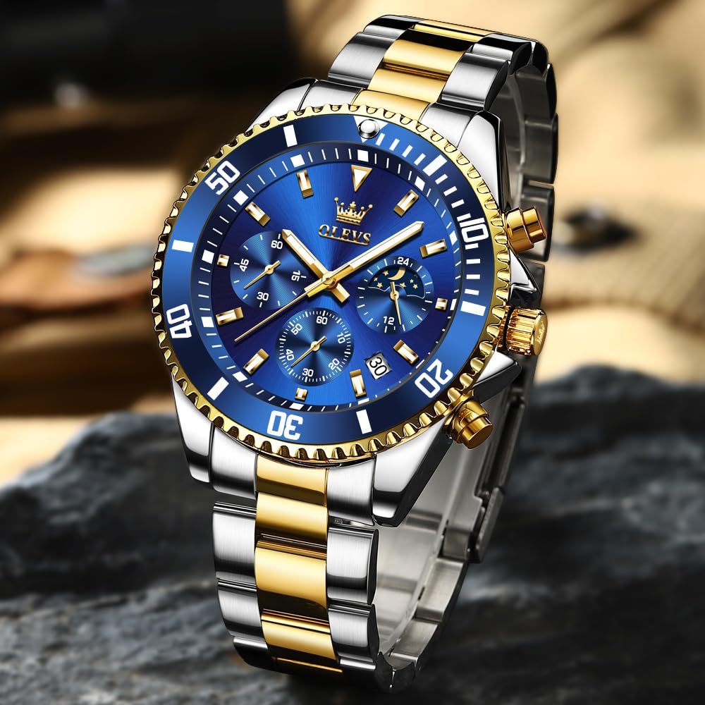 OLEVS Men's Watch Stylish Black Popular Waterproof Quartz Analog Chronograph Stainless Steel Metal Band Simple Easy-to-Read Business Casual Fashion