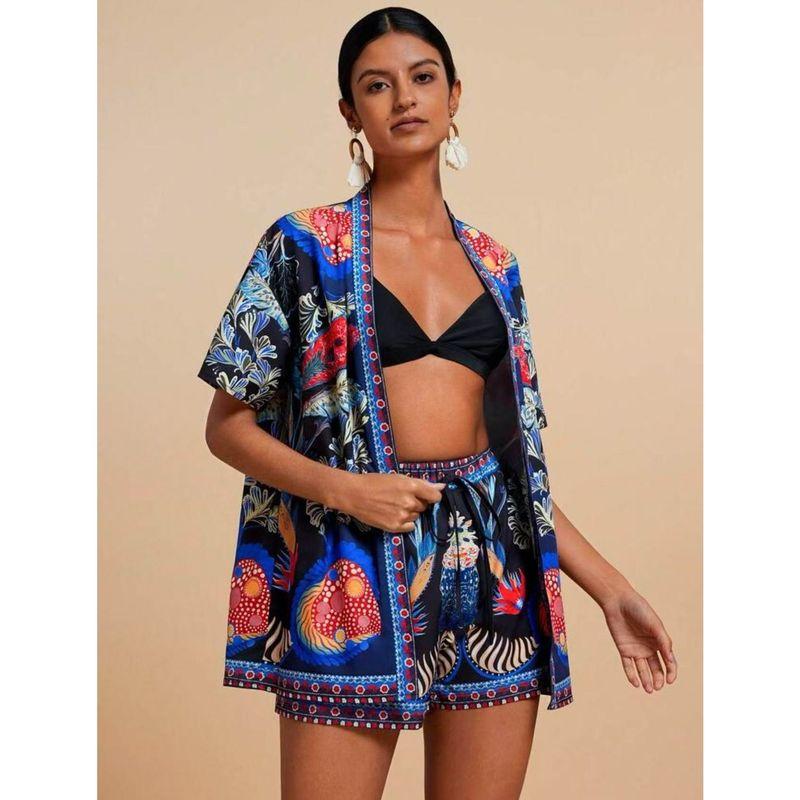 

Women s Clothing European American Summer New Fashion Casual Printing Cardigan Short Sleeve Shorts Suit Royal Blue XXL