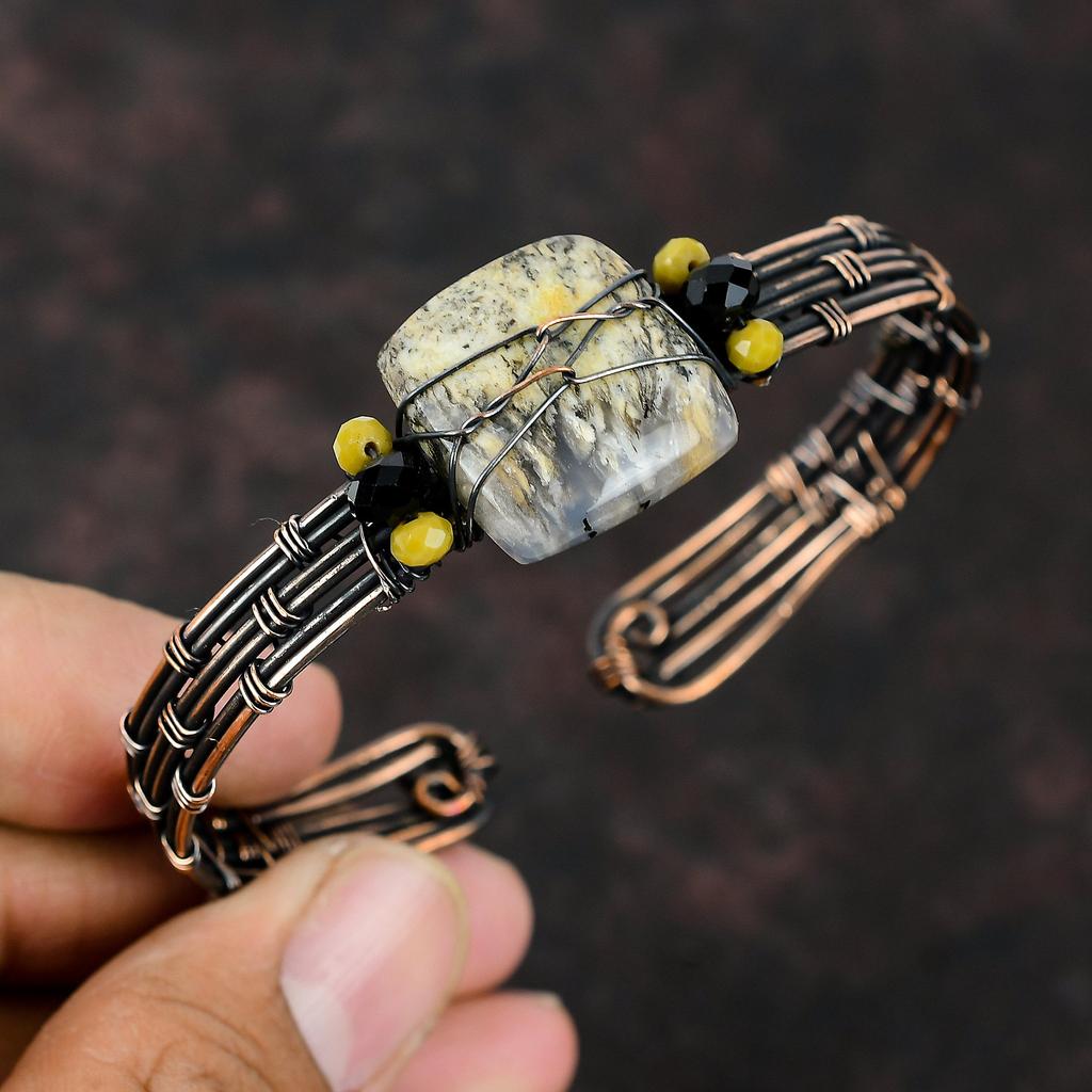 Wire Wrapped Plume Agate Cuff Bracelet Black Onyx & Red Coral Beads Bangle Copper Wire Wrapped Handmade Jewelry Adjustable Cuff Gift For Mom