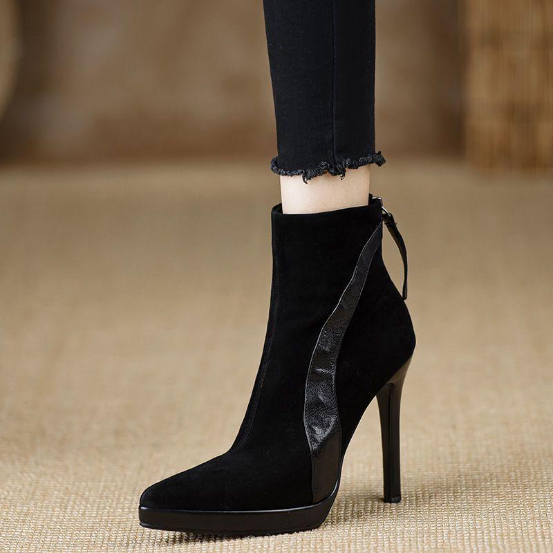 Handmade women's shoes autumn pointed 2025 autumn and winter new short boots women's high heels thin heel zipper brown women's boots