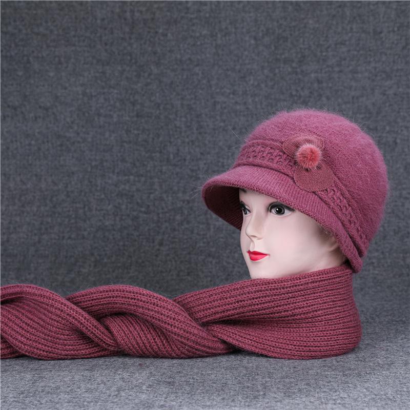 Ji Middle-Aged And Elderly Women'S Basin Hat Grandma Knitted Wool Hat Old Man Hat Rabbit Fur Flower Mother Hat Scarf