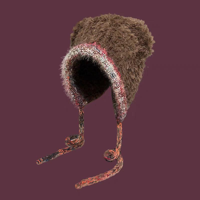 Bear Ears Plush Hat for Women in Winter Versatile Warm Ear Protection Knitted Hat Korean Style Large Head Circumference Woolen Hat