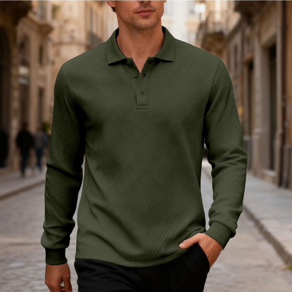 New Men's Solid-Colour Relaxed-Fit Casual Polo Shirt Long-Sleeved Button-Down Collar Jacquard Textured Sweatshirt