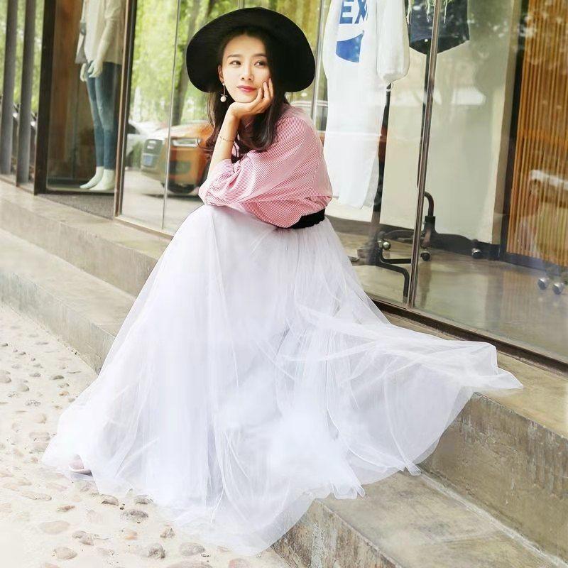 

Весенне-летние универсальные сетчатые юбки с высокой талией, темпераментные длинные юбки средней длины для женщин, тонкие плиссированные юбки 80 белый