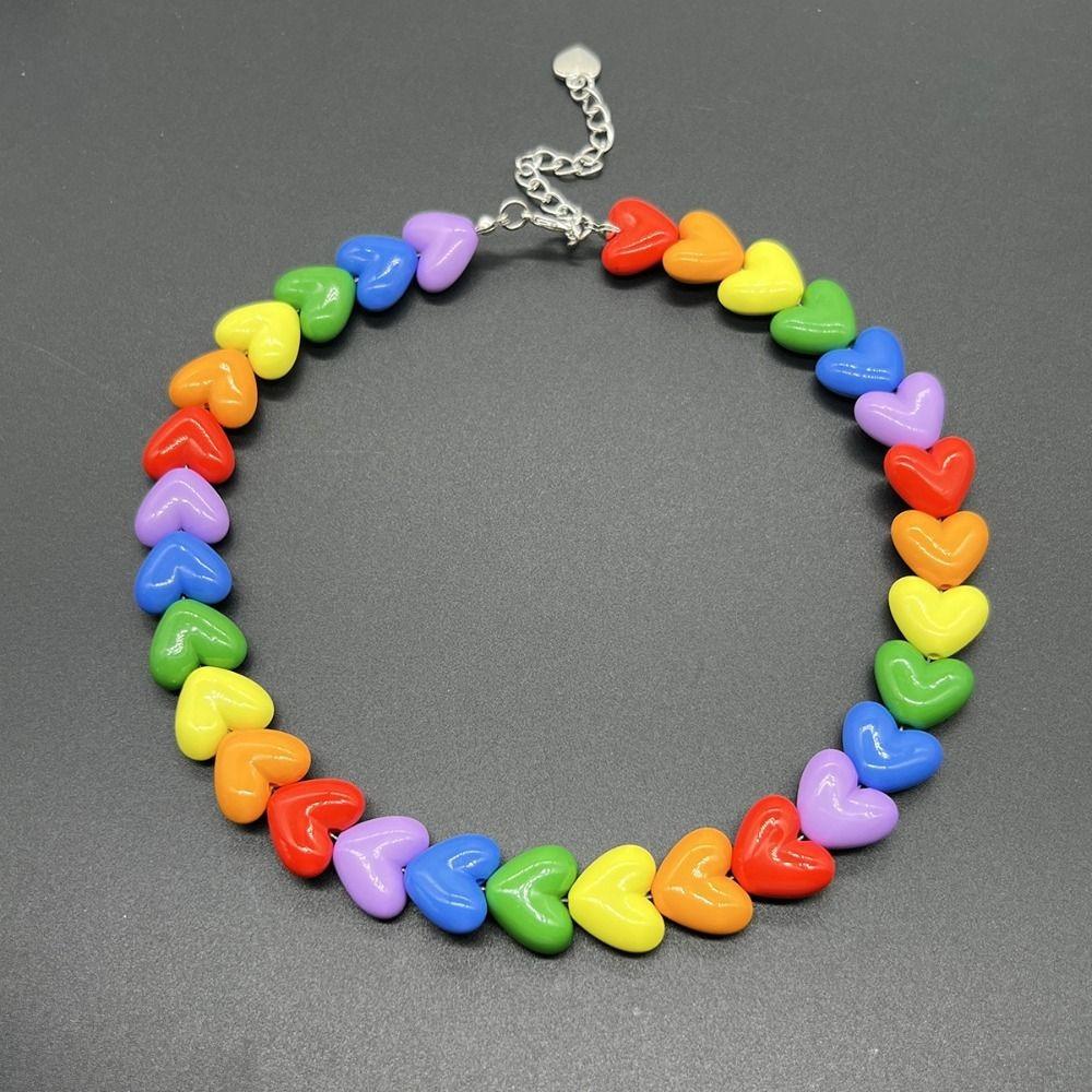 Acrylic Love Rainbow Necklace Adjustable Heart Beaded Necklace Collarbone Chain For Couples